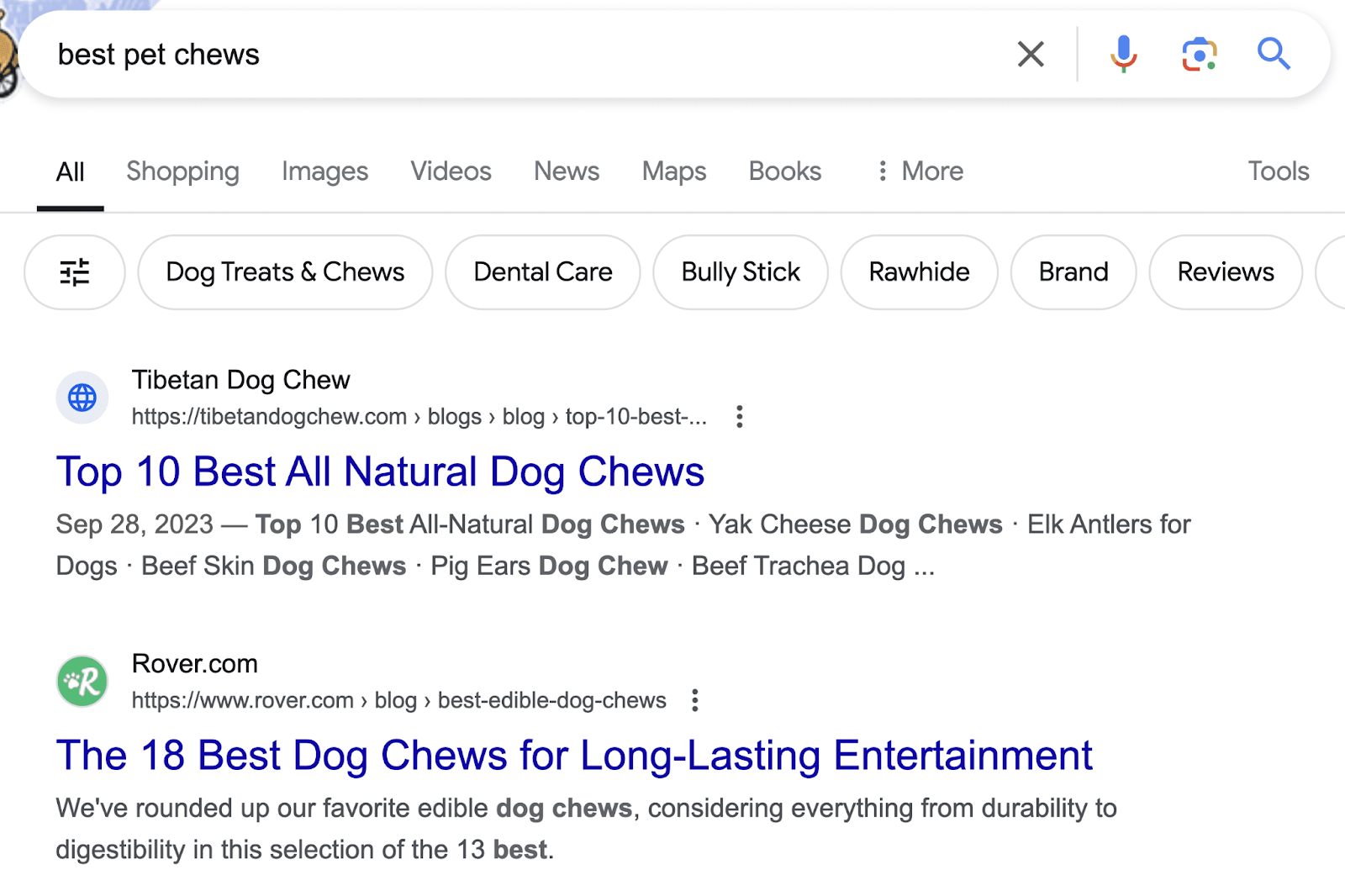 SERP for "best pet chews" with "Tibetan Dog Chew" and "Rover" ranking at the top