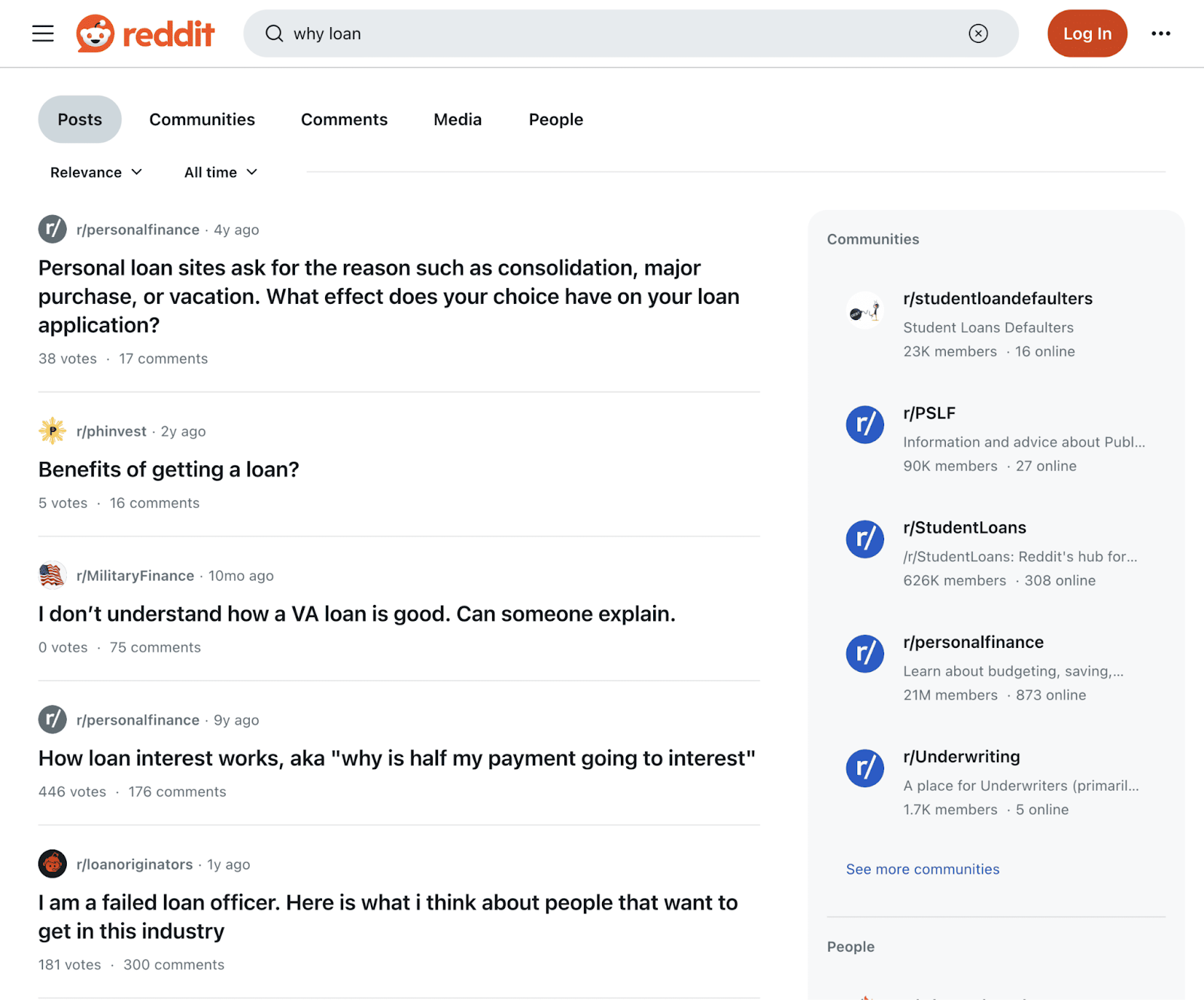 Reddit search results for "why loan" with the first result being "Personal loan sites ask for the reason such as consolidation, major purchase, or vacation. What effect does your choice have on your loan?"