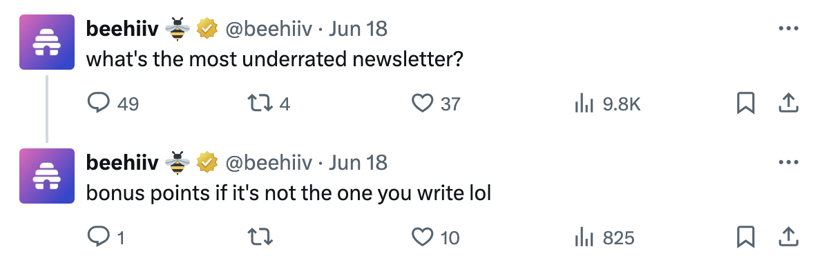 two tweets from the @beehiiv account discussing underrated newsletters