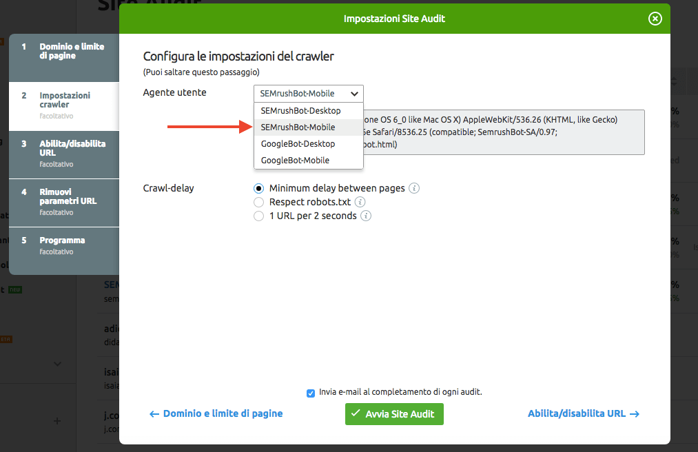 Come impostare il crawler mobile in Site Audit