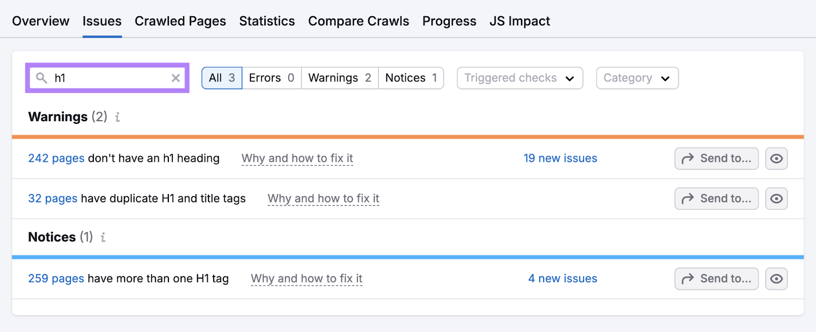 search for h1 in site audit shows issues like pages without an h1 heading or title tags