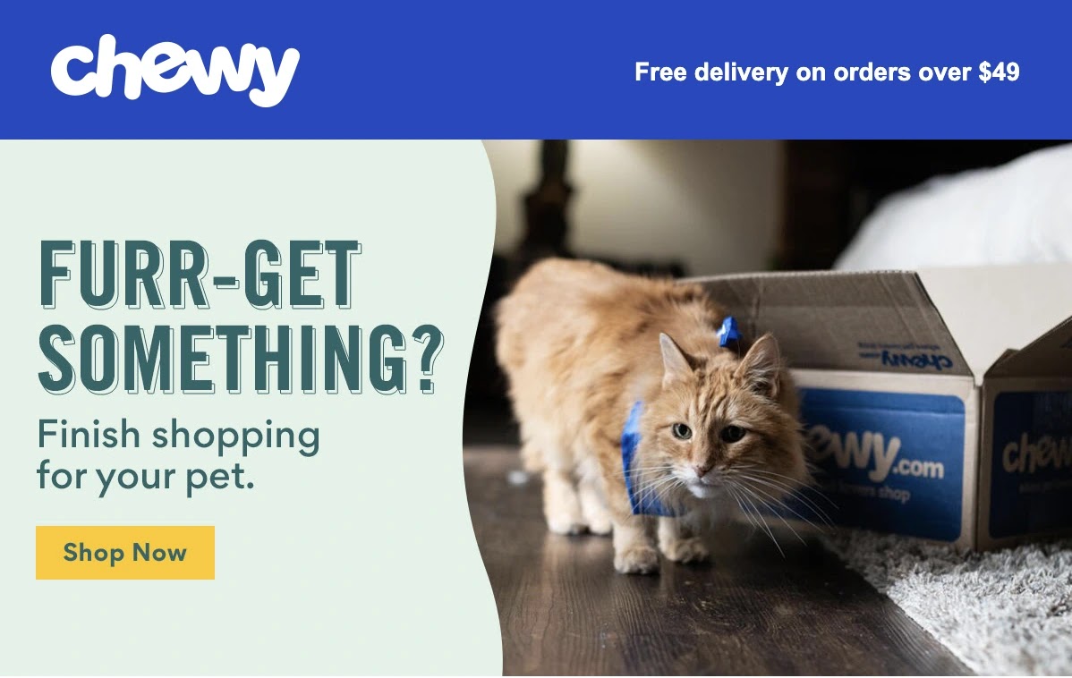 Chewy's email reminding users to finish their shopping
