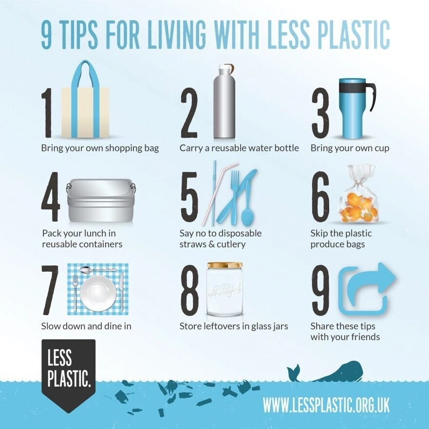 "9 Tips for Living With Less Plastic" infographic