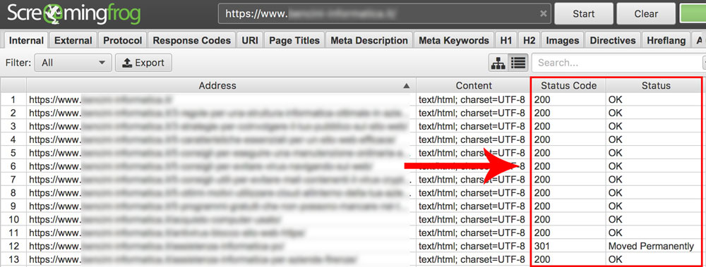Verifica Status code Screaming Frog