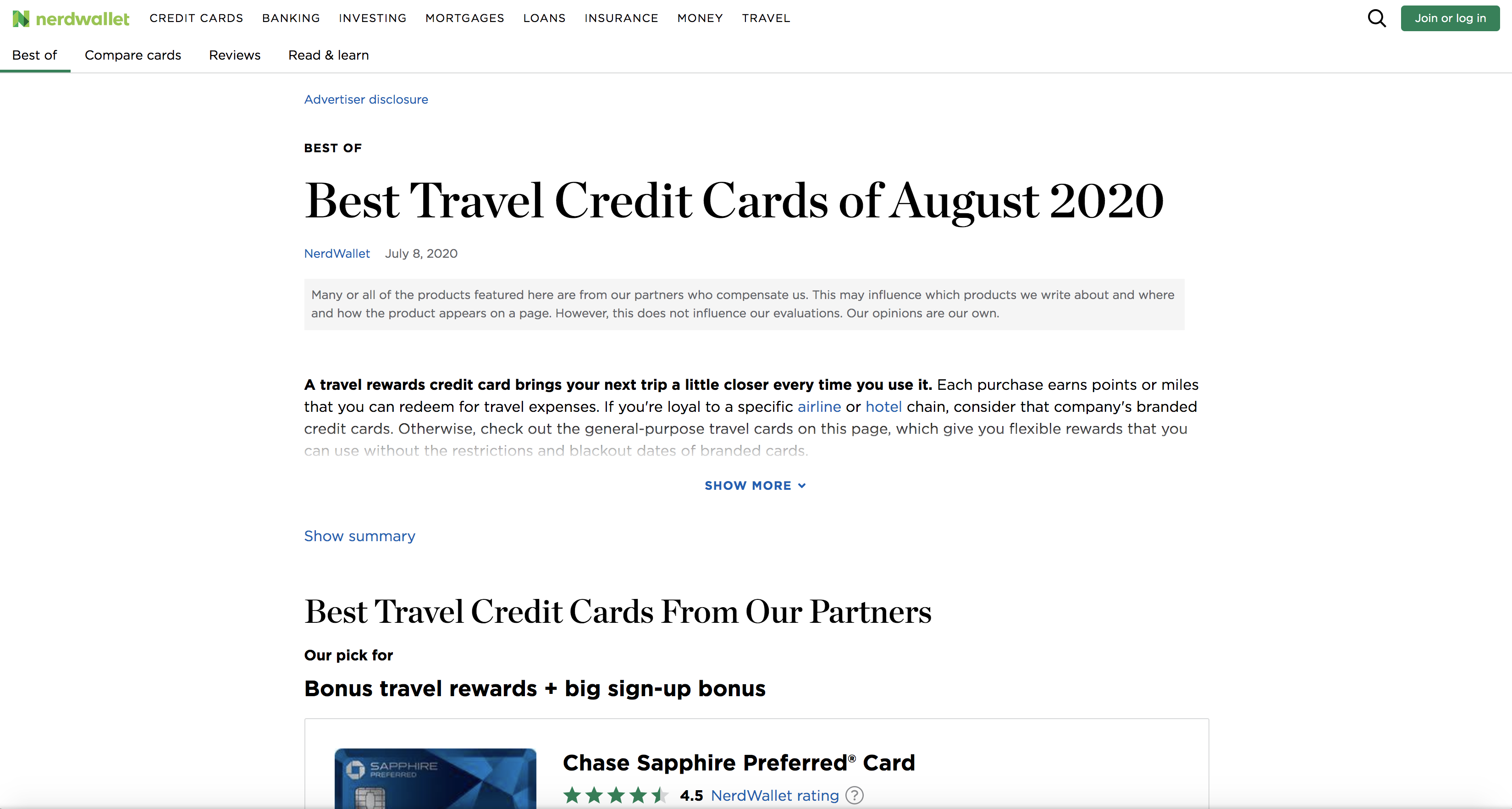 NerdWallet Best Travel Credit Cards Article Screenshot