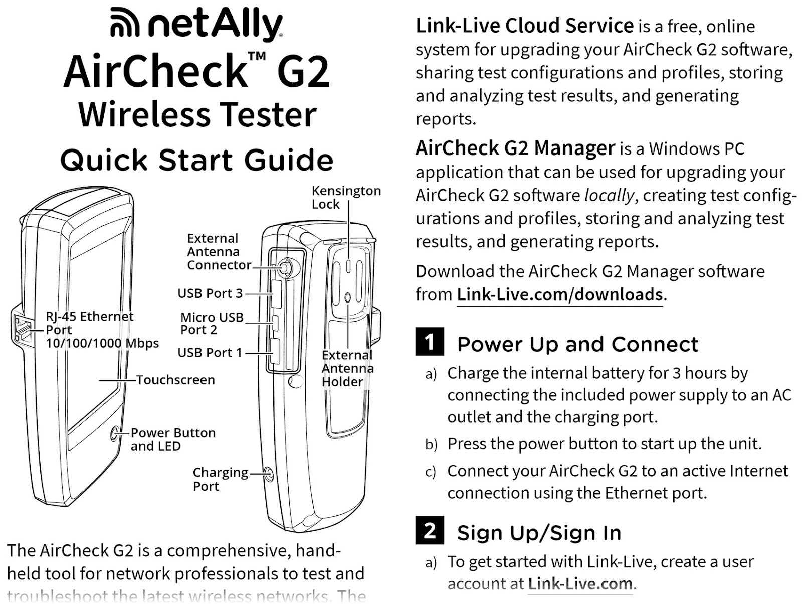 NetAlly’s "AirCheck G2 Wireless Tester Quick Start Guide" page