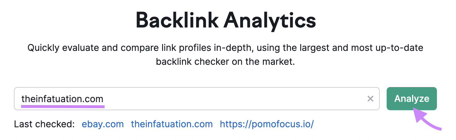 "theinfatuation.com" saisi dans la barre de recherche Backlink Analytics