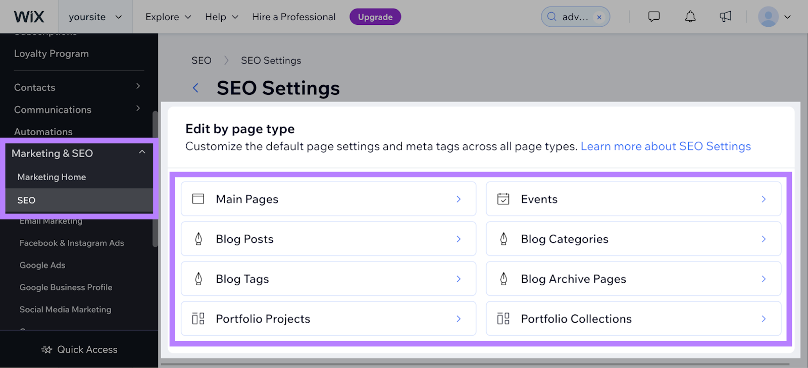 "Edit by page type" section in Wix “SEO Settings”