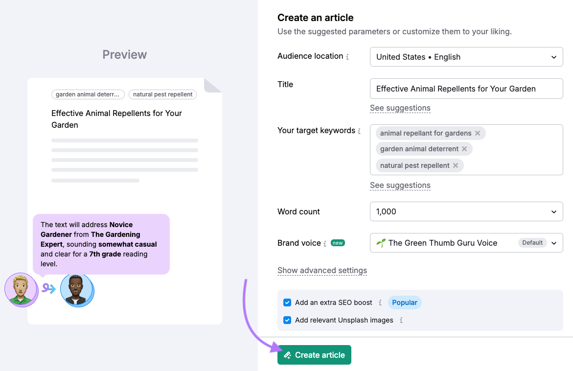 article settings include target keywords, titles, word count, and choosing your brand voice