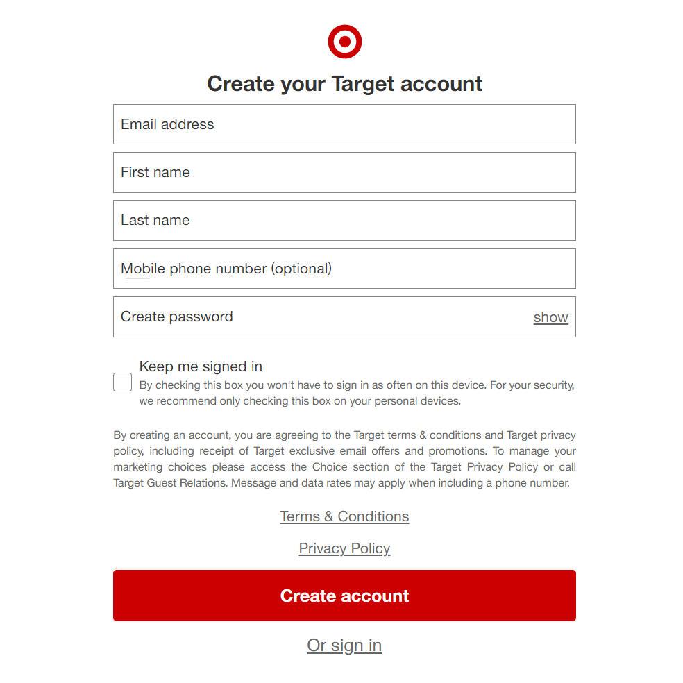 "Create your Target account" form