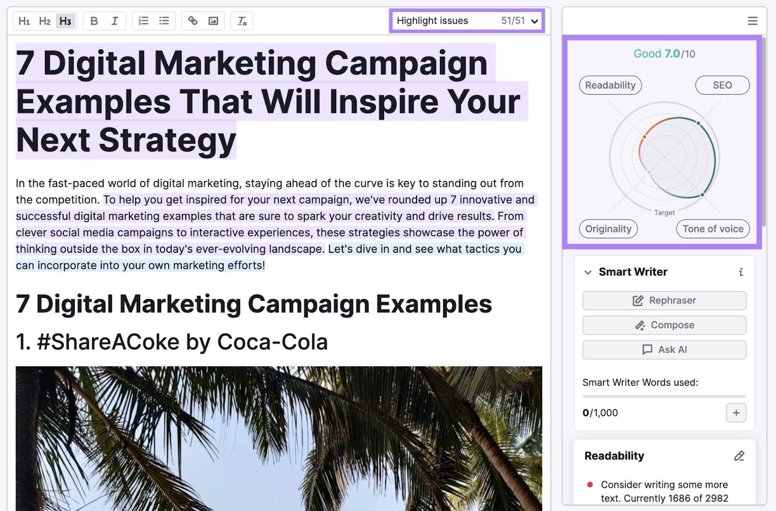 Best Practices for SEO Site Structures 23 SEO Writing Assistant showing scores for readability, SEO, tone of voice, and originality plus improvement suggestions