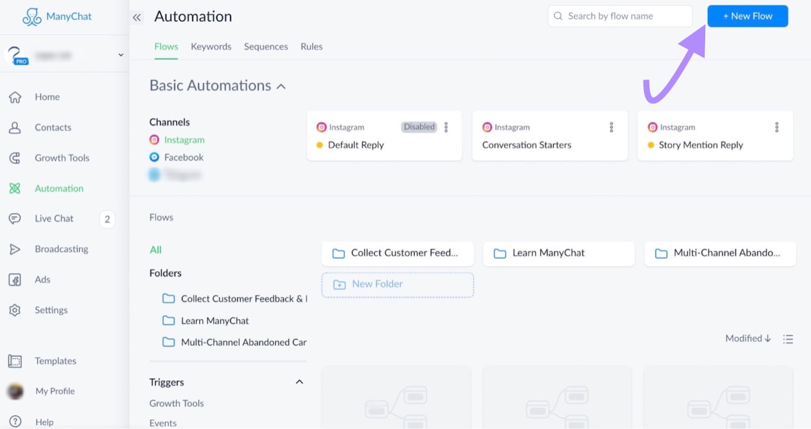 Página de Automatización de Manychat