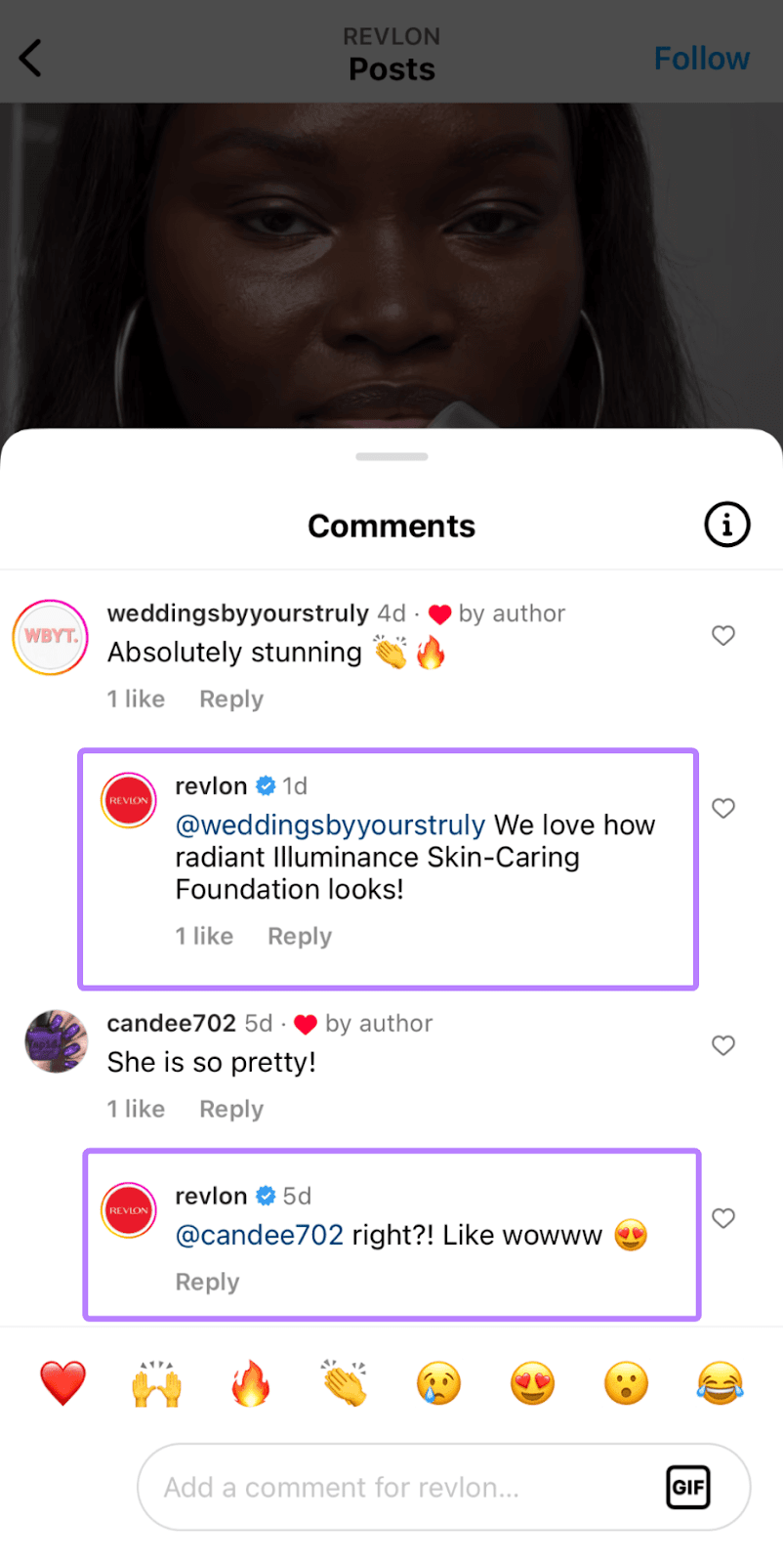 An example of Revlon answering to users's comments on their Instagram post