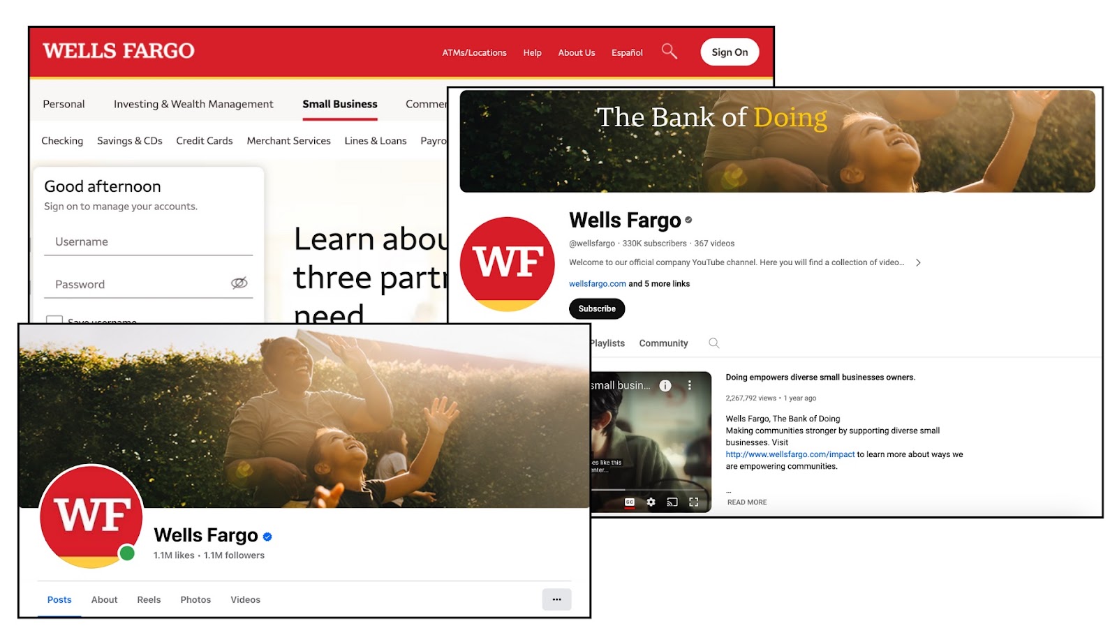 wells fargo website, facebook profile, and youtube page with consistent branding