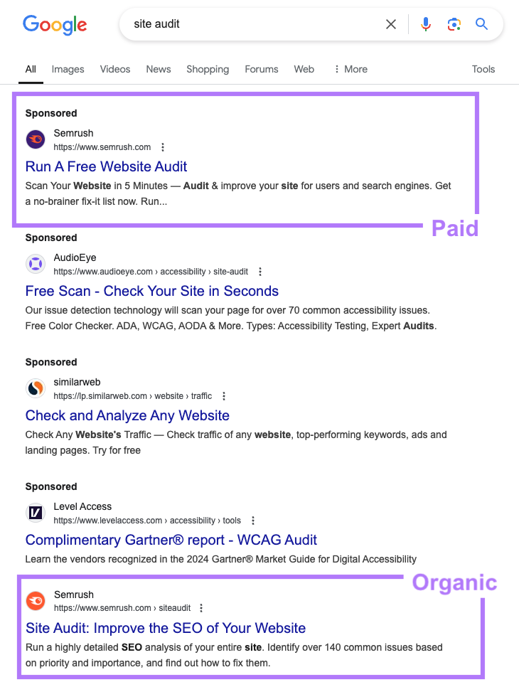 Semrush appears as a PPC ad and an organic SEO webpage on the same SERP