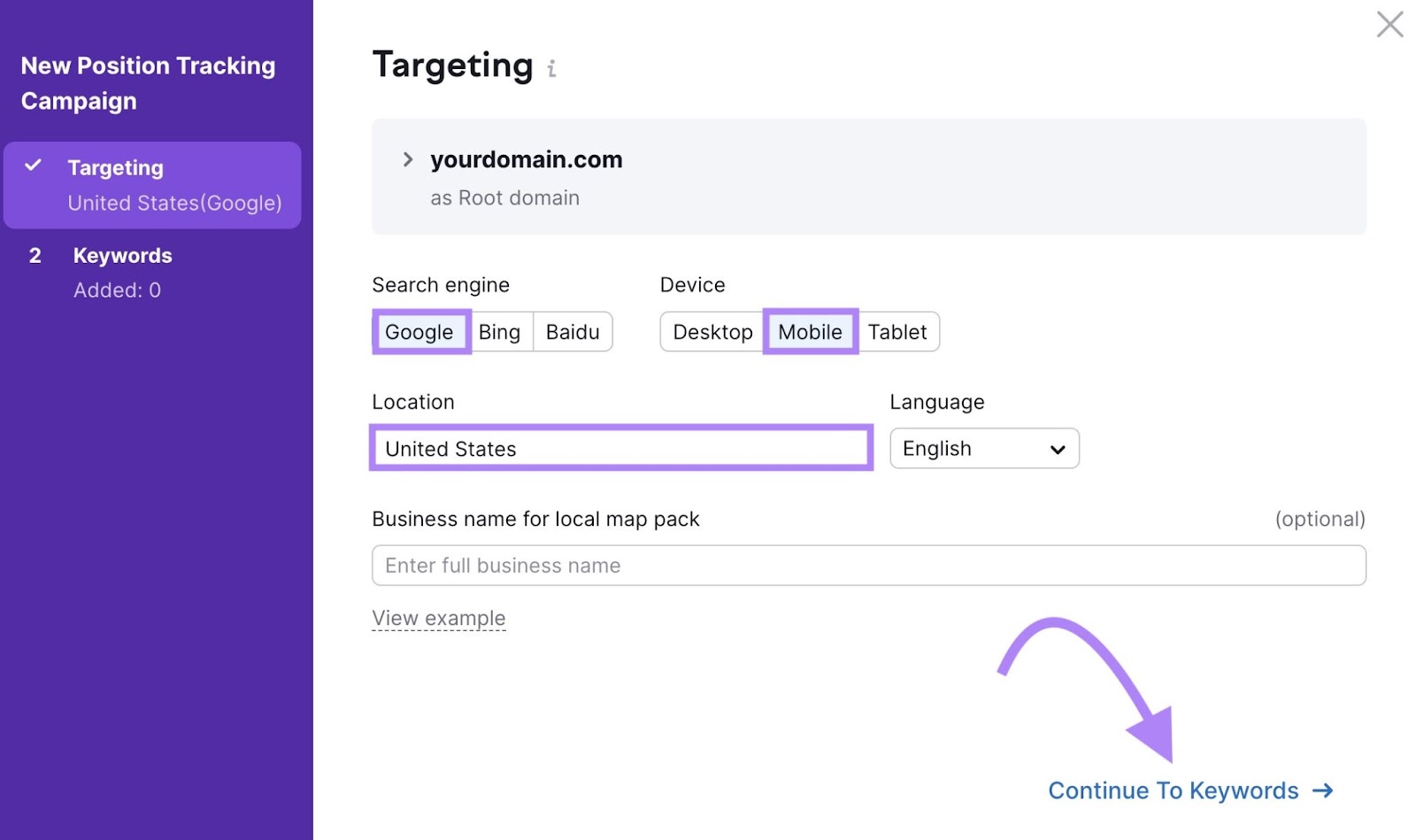 "Google" seleccionado en motor de búsqueda, y "Móvil" en dispositivo en la configuración de la herramienta Seguimiento de posición