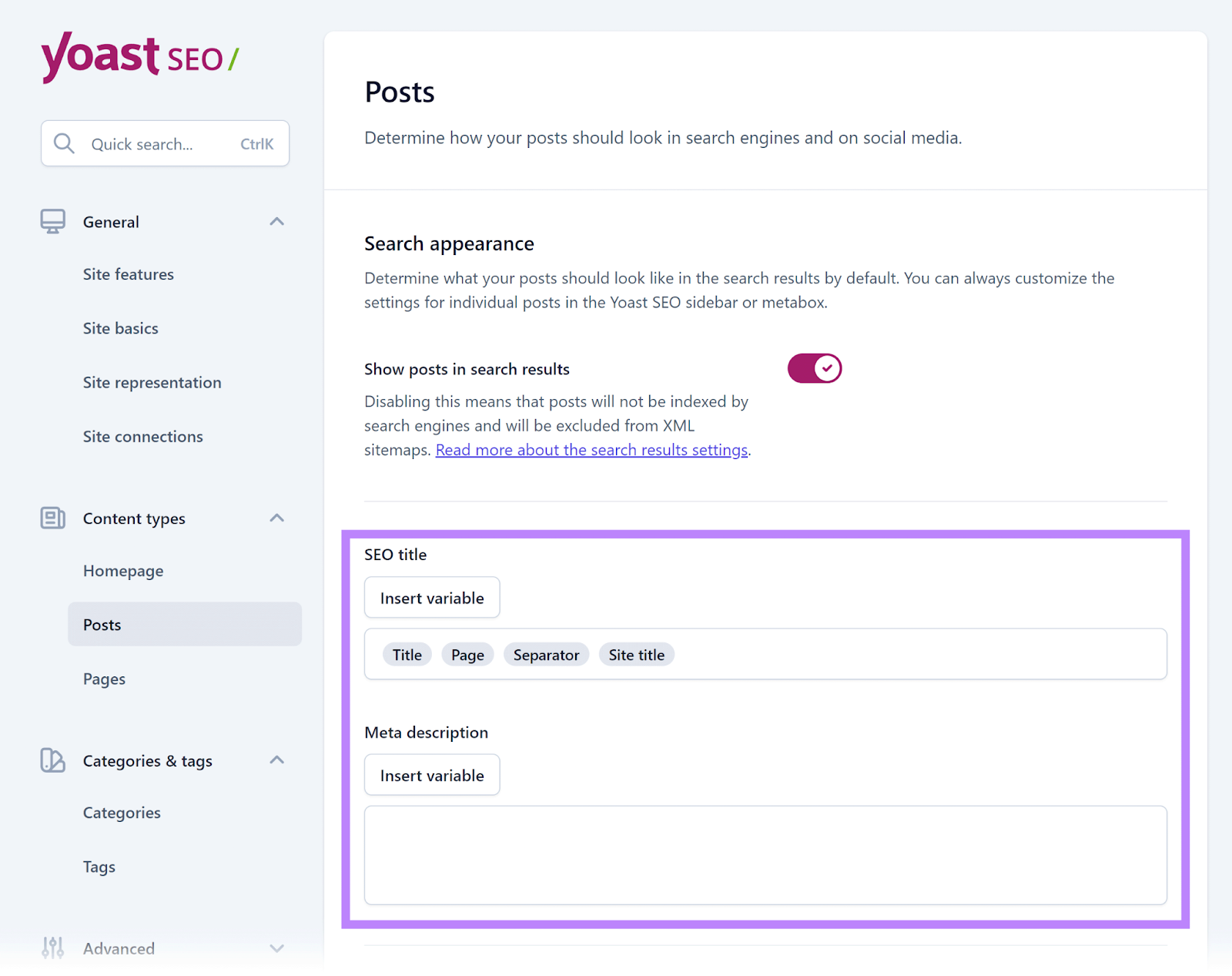 Yoast SEO 'Posts' settings page with SEO title and meta description configuration areas highlighted