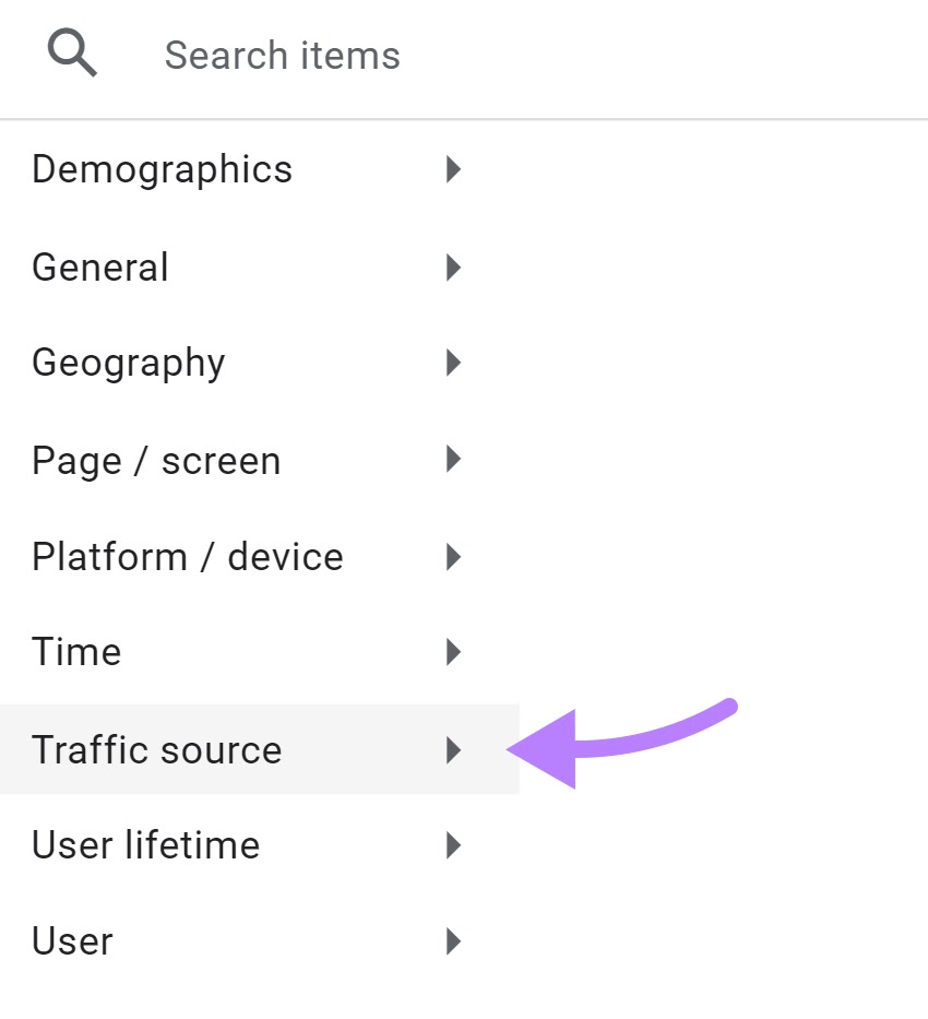 “Traffic source” selected from the list