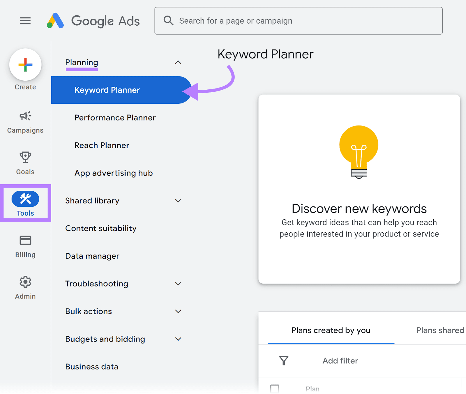 Tools option selected, Planning submenu option expanded, and Keyword Planner selected.