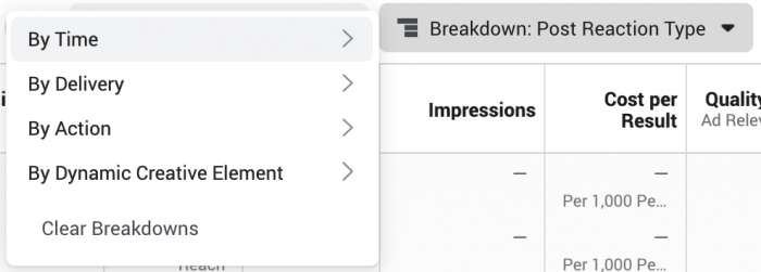 “Breakdown” drop-down menu in "Campaigns" dashboard