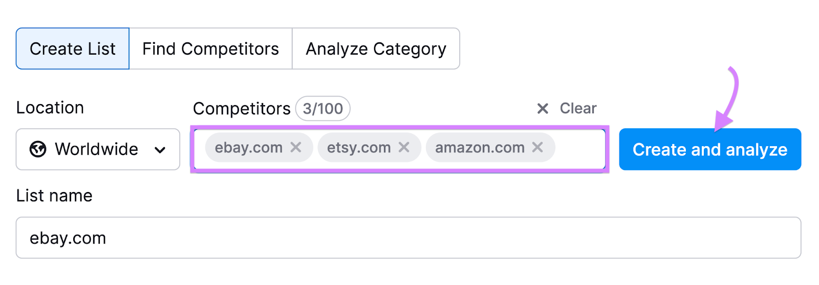 "ebay.com" "etsy.com" "amazon.com" entered into the Market Explorer tool