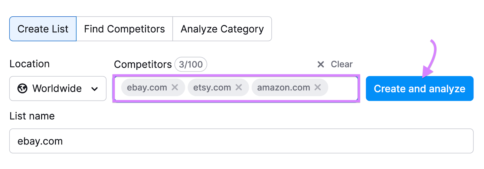 "ebay.com" "etsy.com" "amazon.com" introducidos en la herramienta Market Explorer