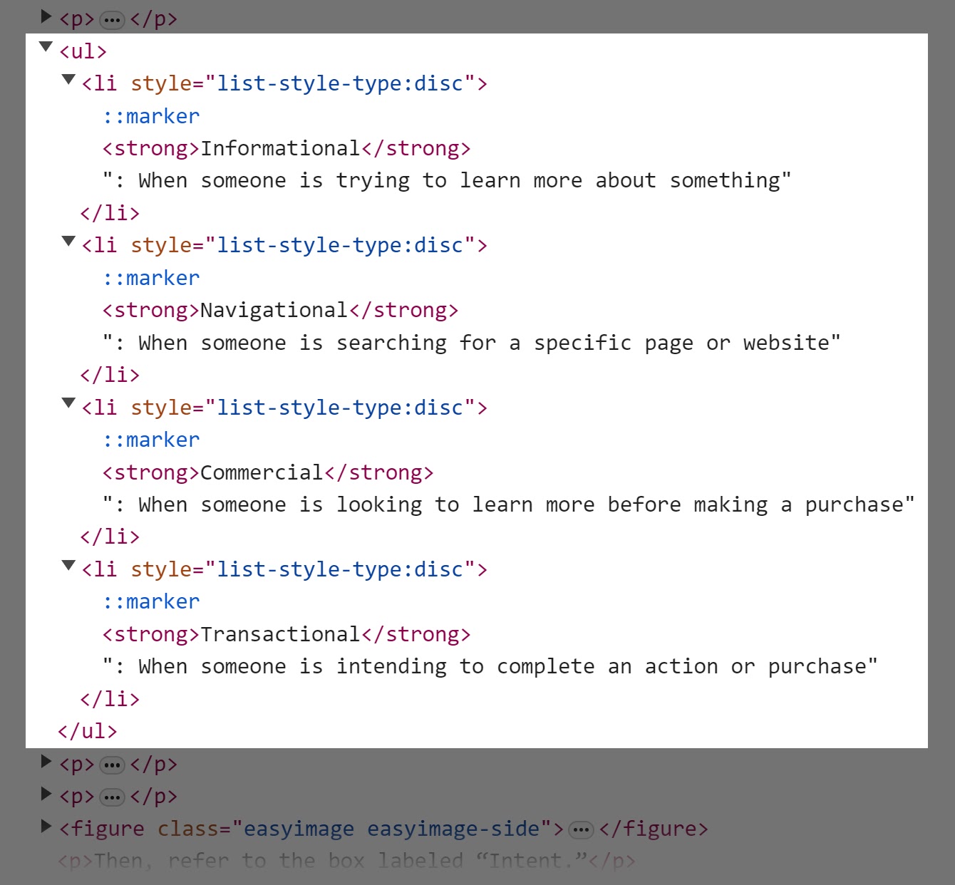 HTML code of a Semrush article showing the list section.