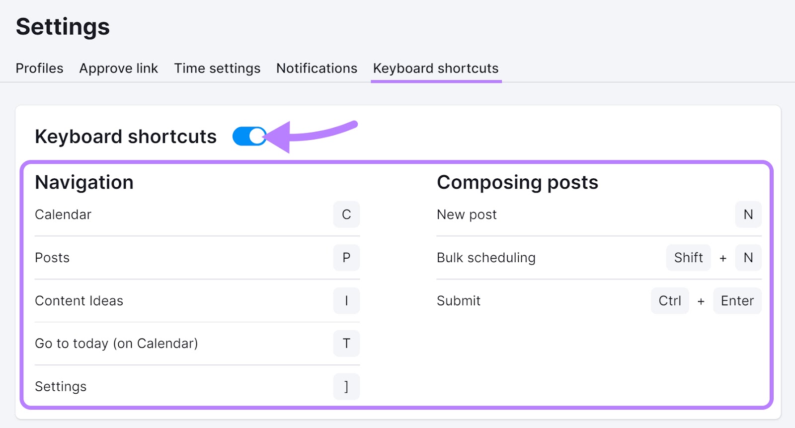 “Keyboard shortcuts” feature in Social Poster tool