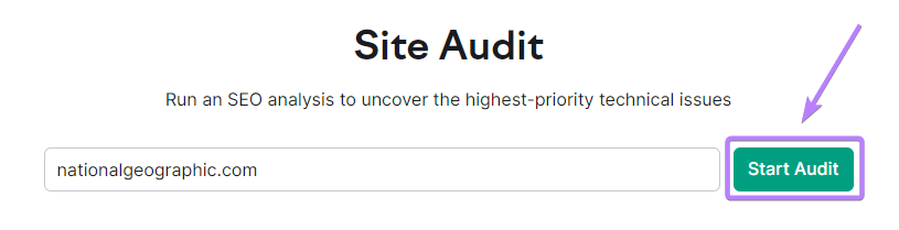 "nationalgeographic.com" entered into the Site Audit search bar