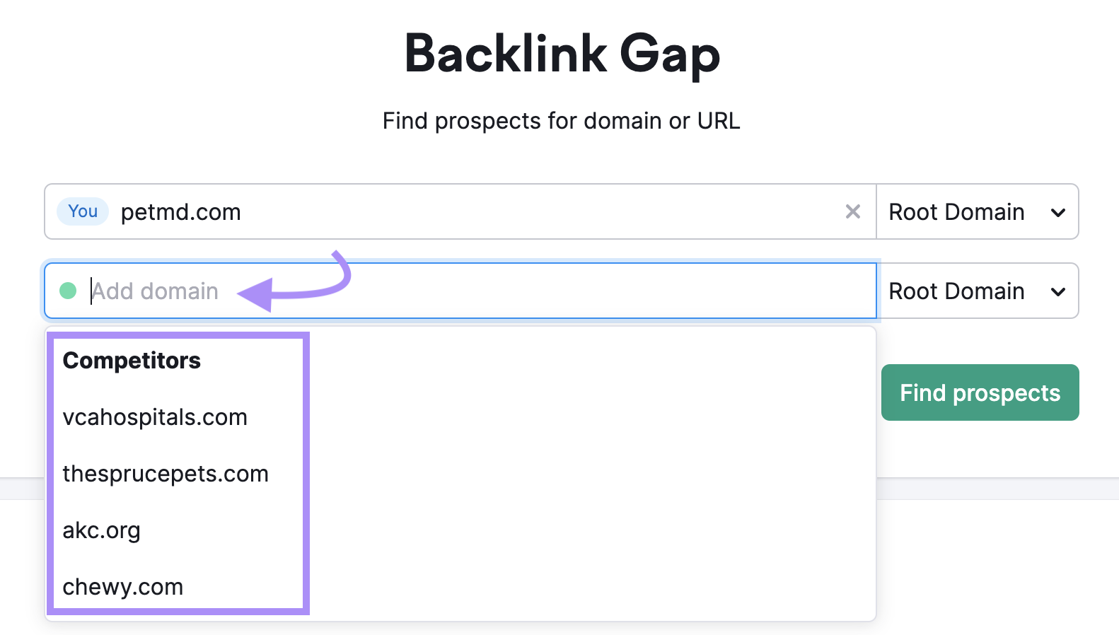 A list of "petmd.com" competitors suggested by Backlink Gap tool