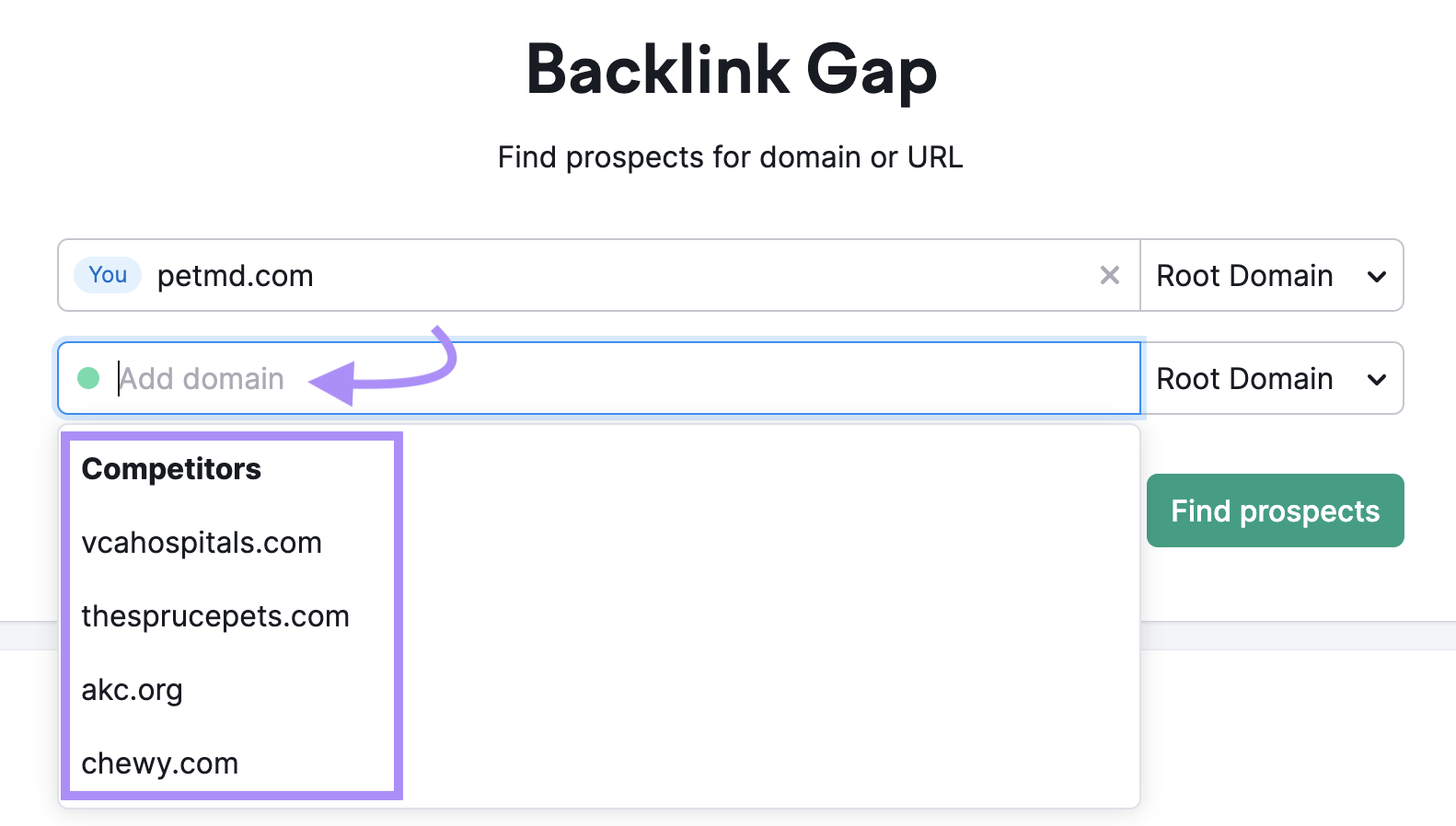 A database  of "petmd.com" competitors suggested by Backlink Gap tool