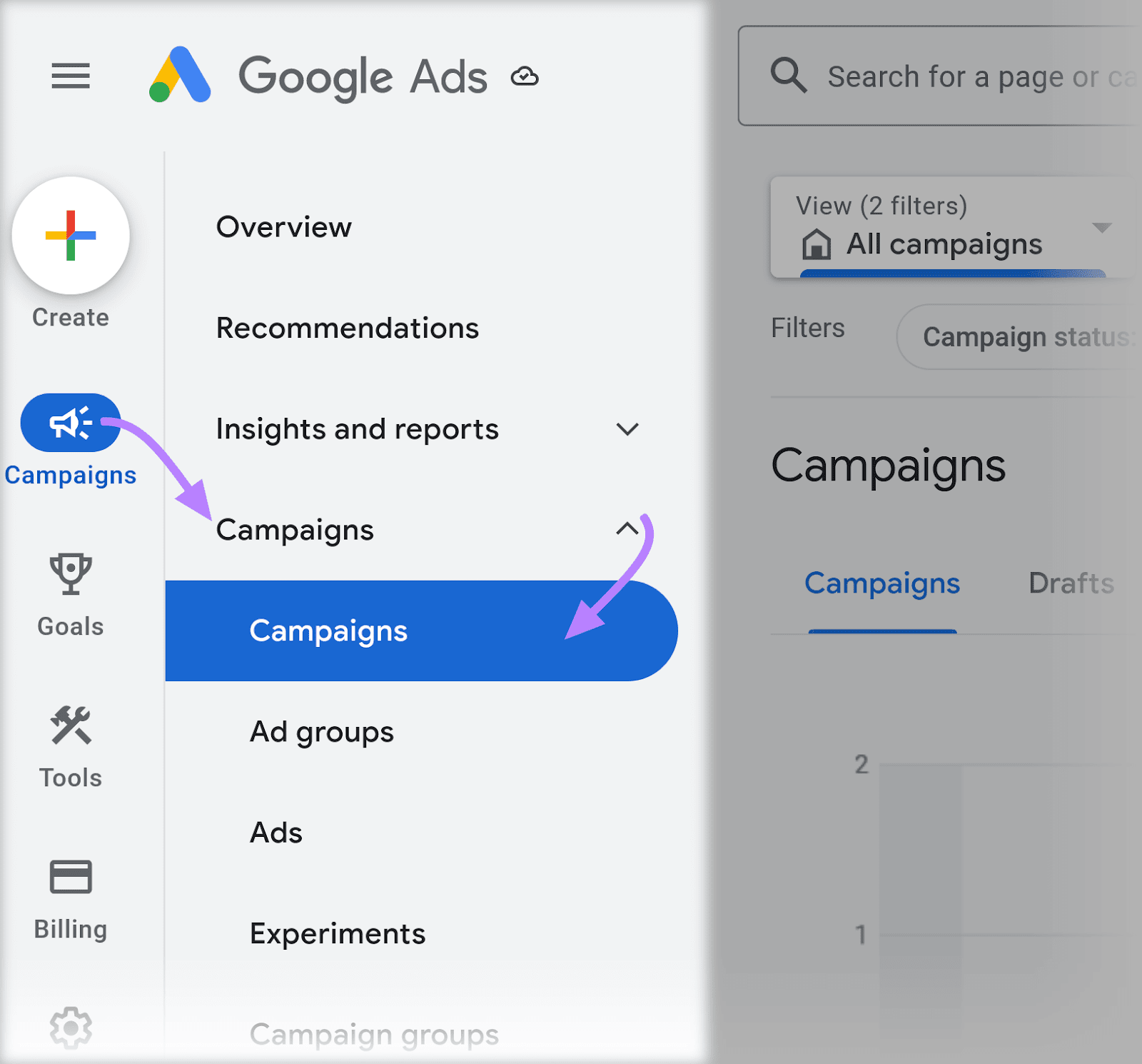 “Campaigns” in Google Ads account