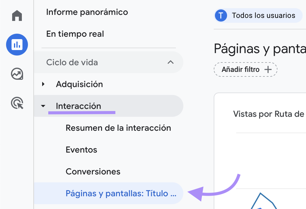 Ahora, expande el área de informes "Interacción" y haz clic en "Páginas y pantallas"