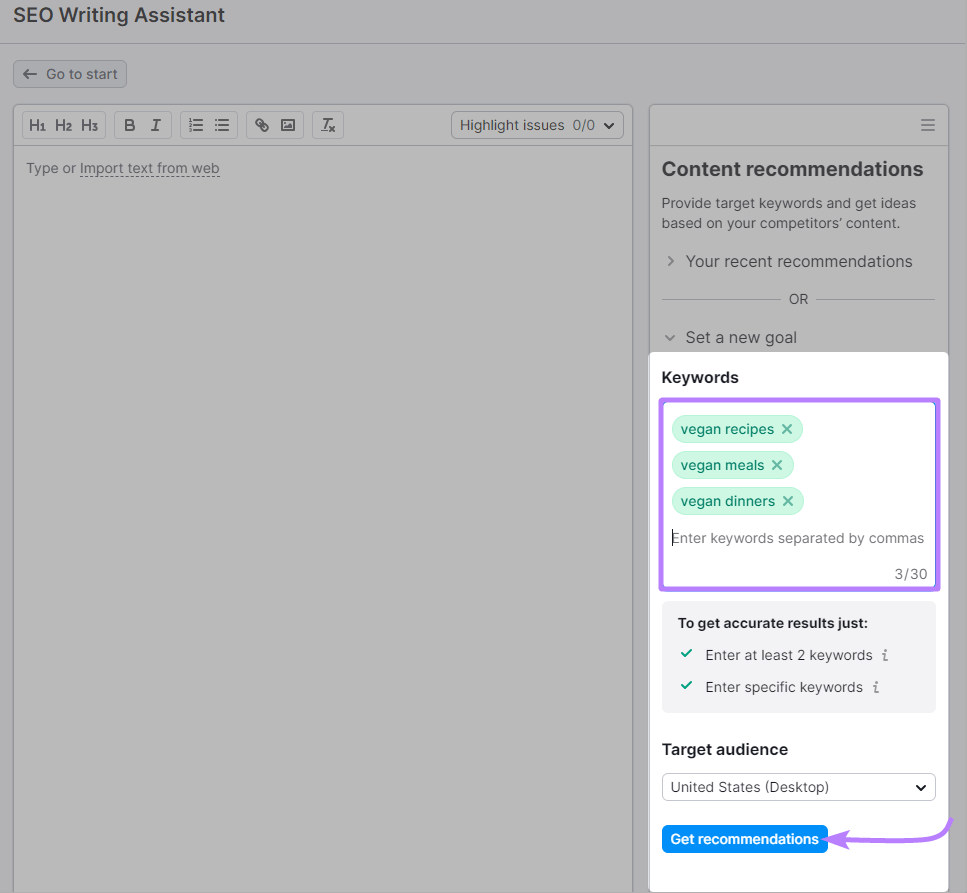 "vegan recipes," "vegan meals," and "vegan dinners" entered into the "Keywords" text box in SEO Writing Assistant