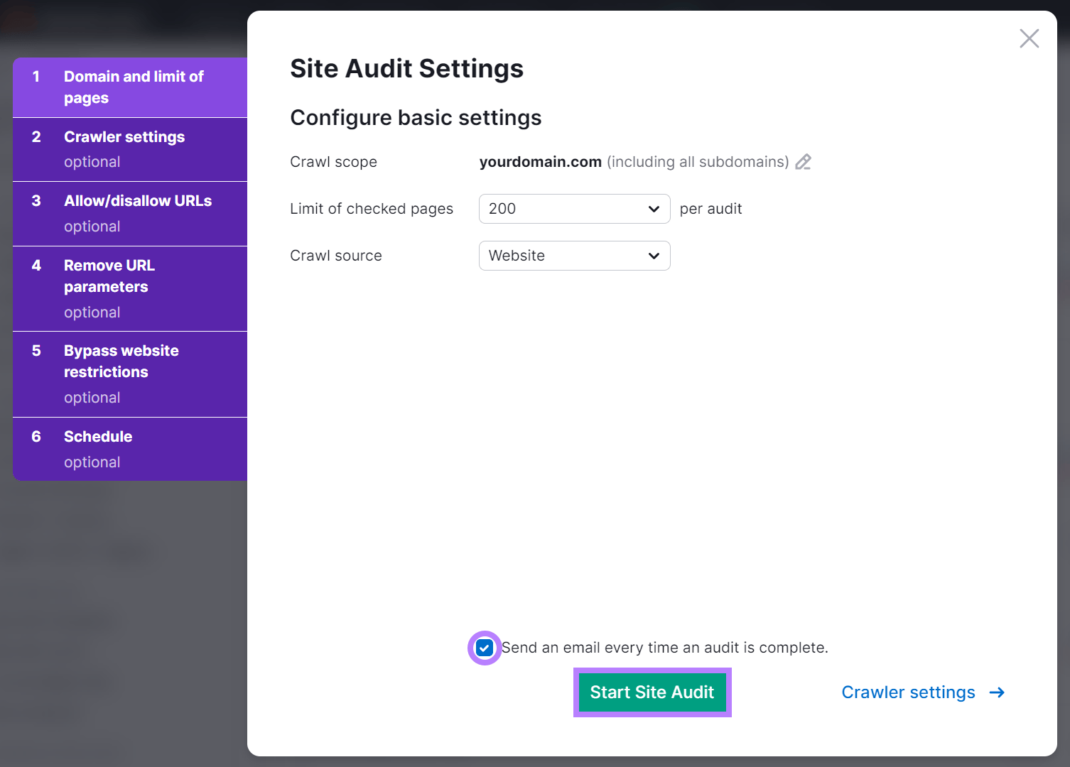 Site Audit settings popup with send email checkbox and Start Site Audit button highlighted.
