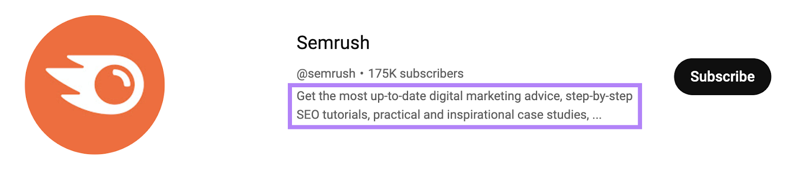 Semrush channel in YouTube search results with a section of description that reads "Get the most up-to-date digital marketing advice, step-by-step SEO tutorials, practical advice and inspirational case studies, ..."