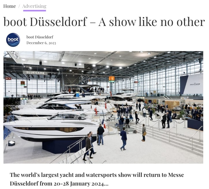 Boating show advertorial with a yacht show and people walking up steps in an exhibition center