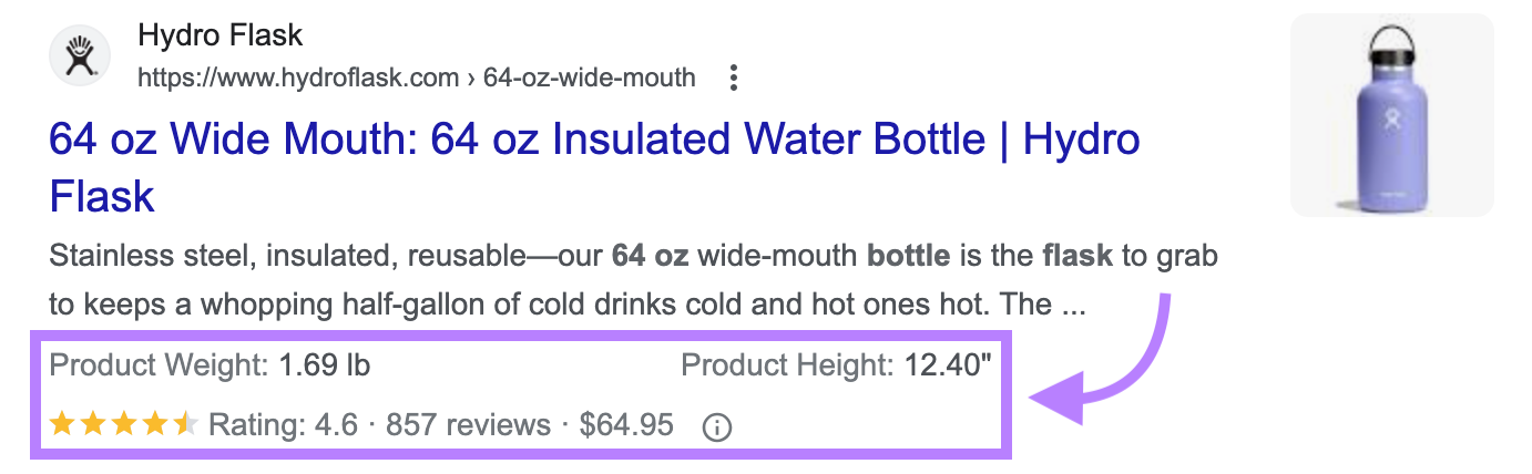 an example of Google search results which includes the product’s rating and price