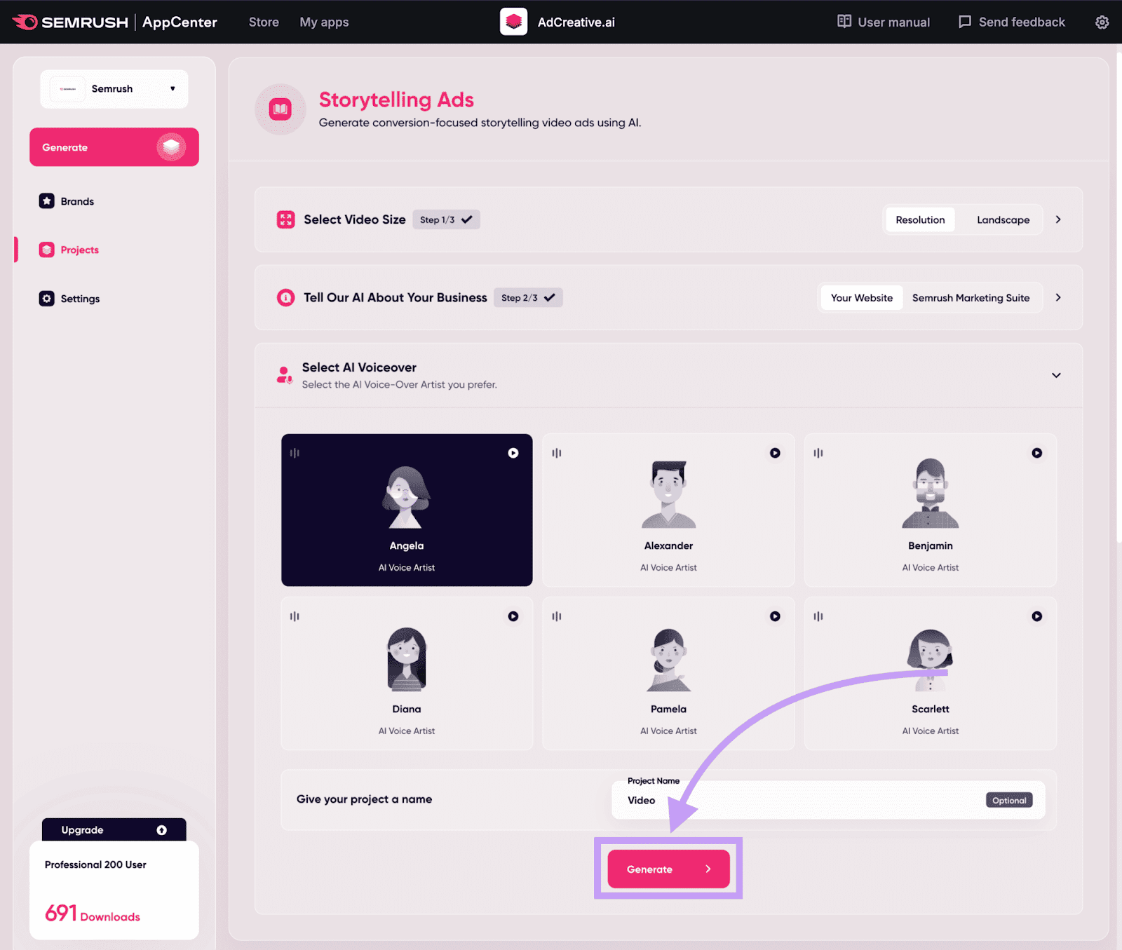 تنظیمات آگهی داستان سرایی adcreative.ai