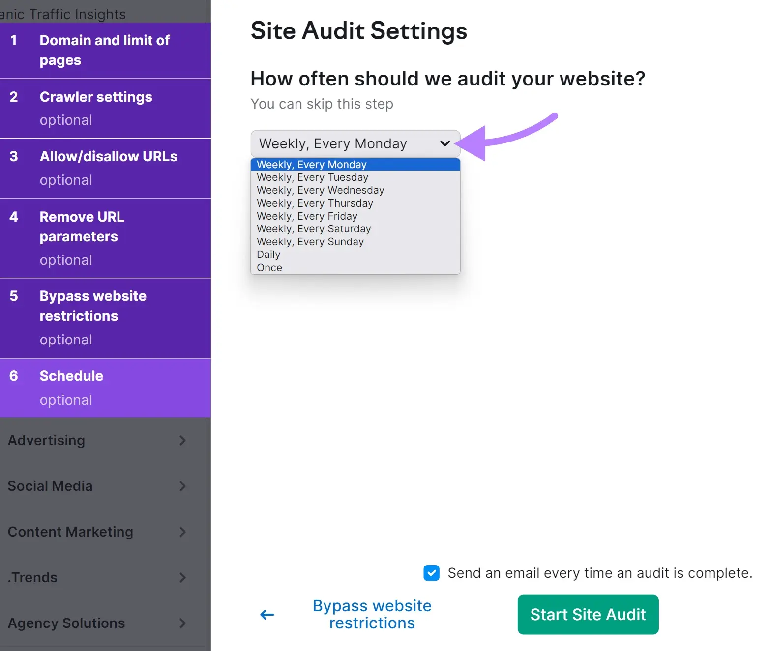 Site Audit docket   options see  play   for immoderate  time  of the week, daily, oregon  once