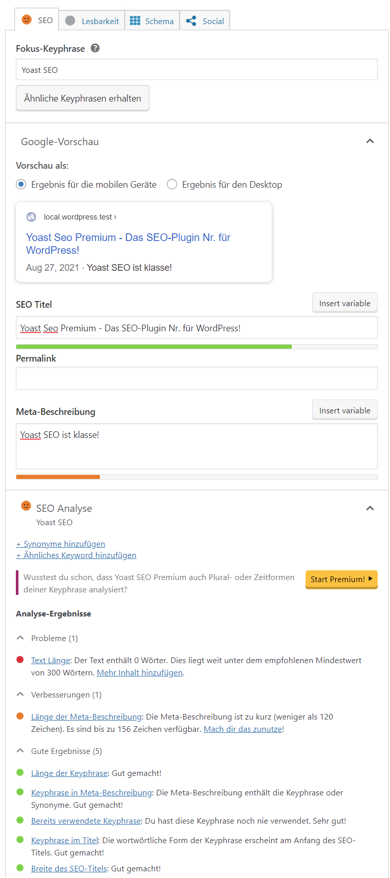 SEO-Analyse in Yoast SEO für WordPress