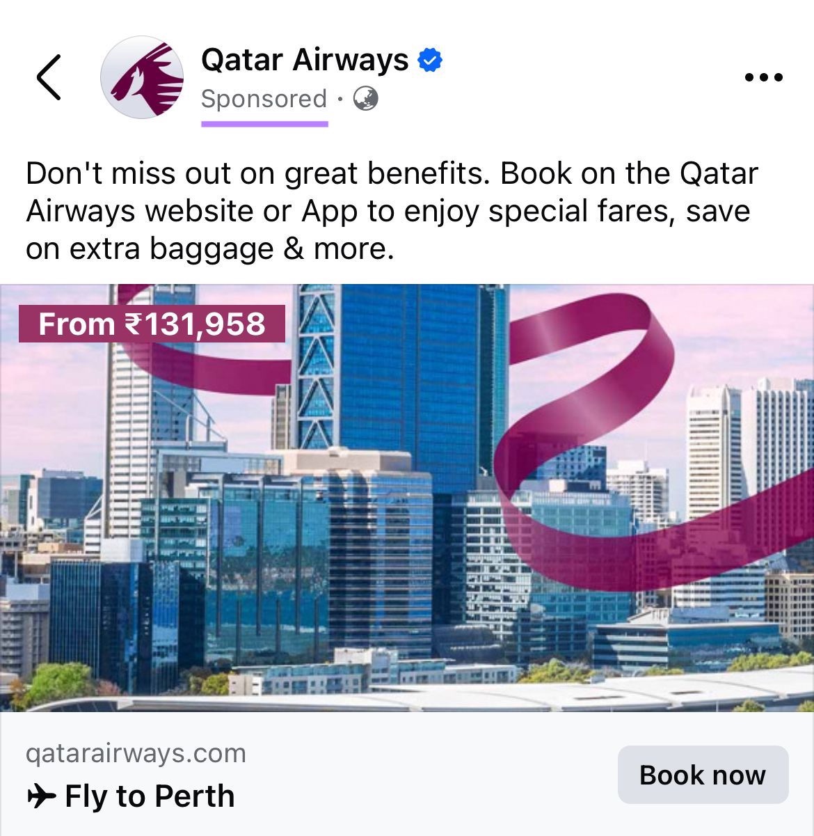 Facebook ad by Qatar Airways with the "Sponsored" tag highlighted.