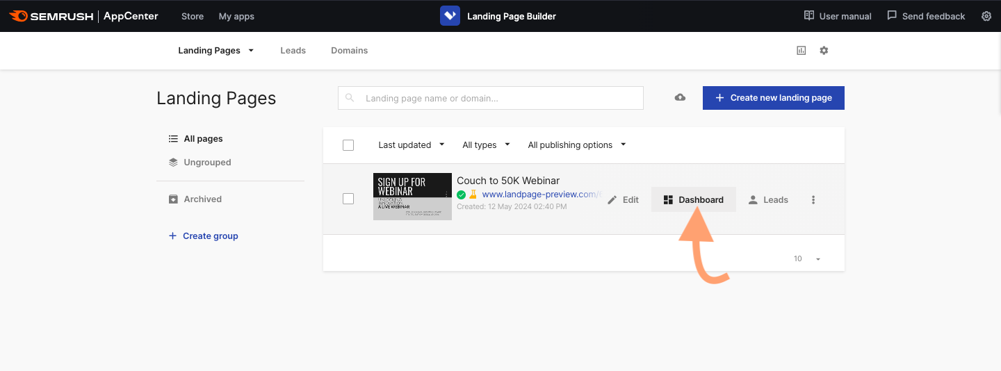 The menu for saved landing pages in the Semrush Landing Page Builder.