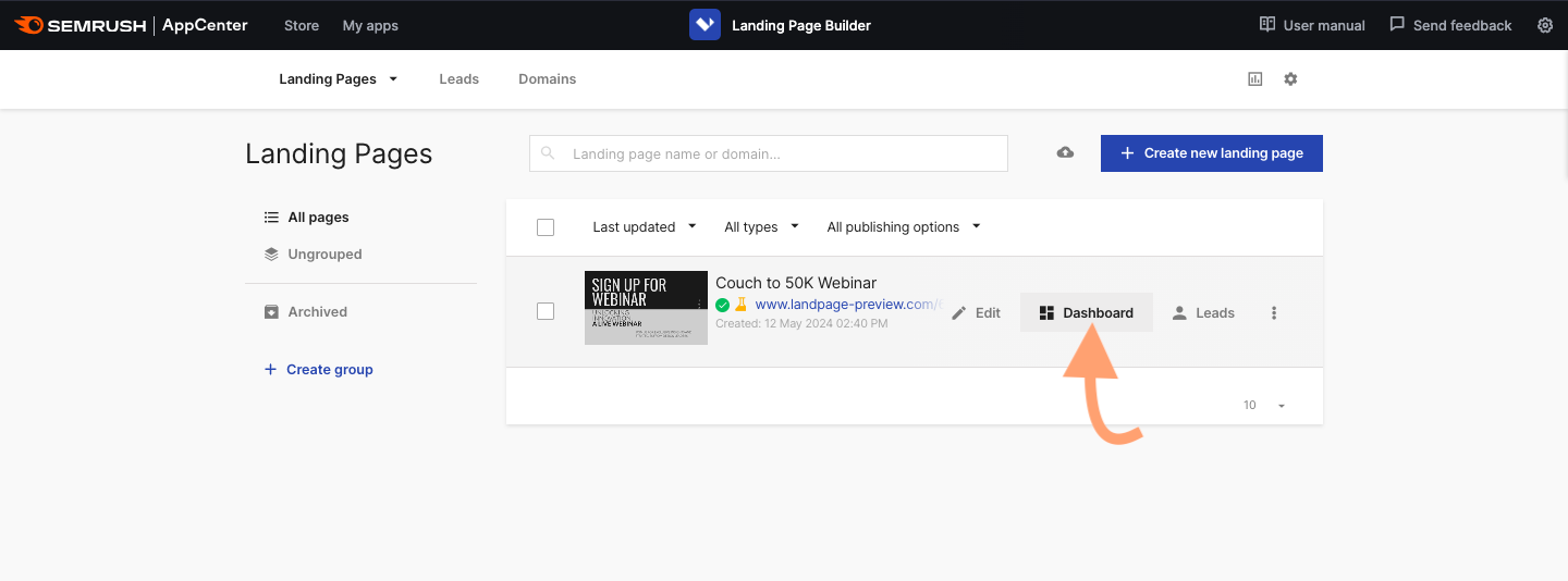 Le menu des pages de destination enregistrées dans Semrush Landing Page Builder.