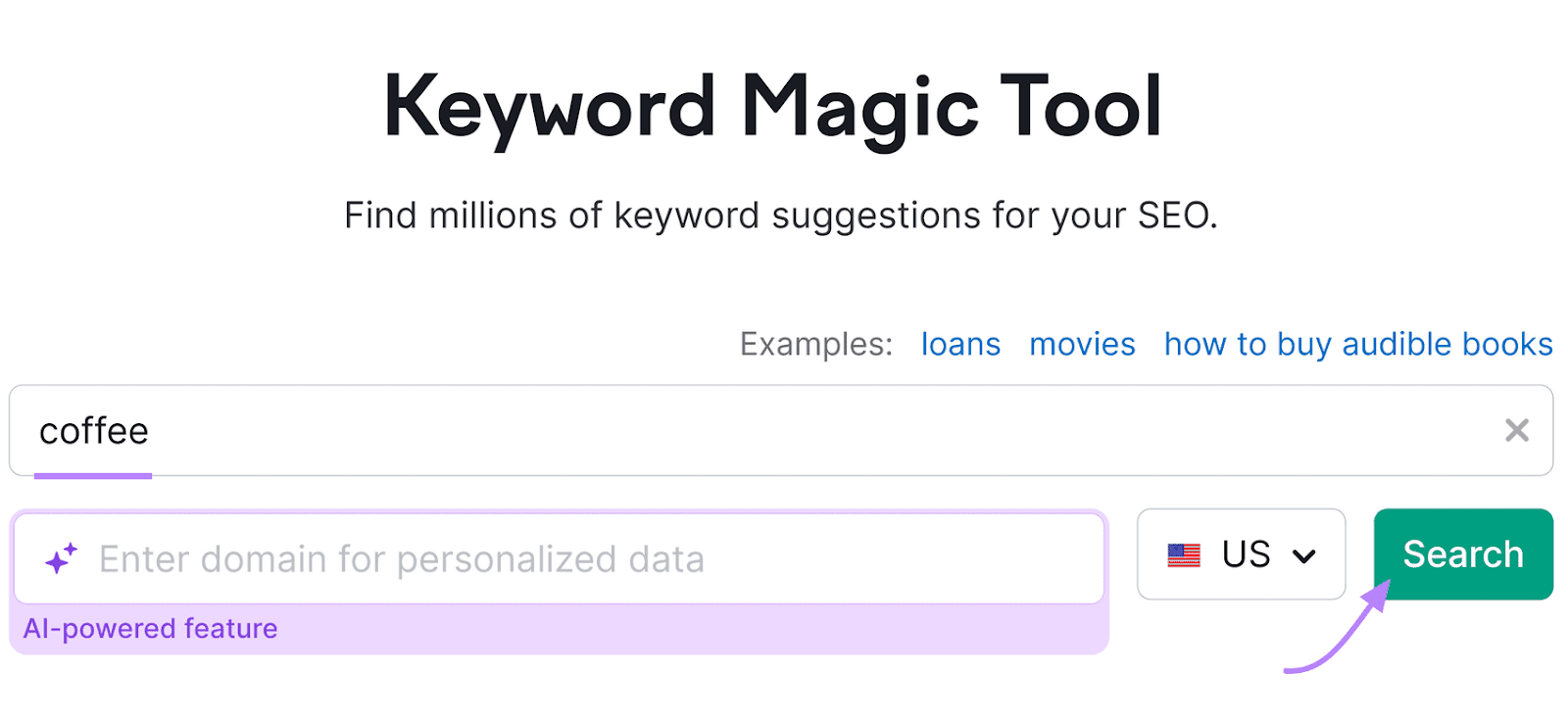 Keyword Magic Tool interface with a search query for "coffee" and a green "Search" button