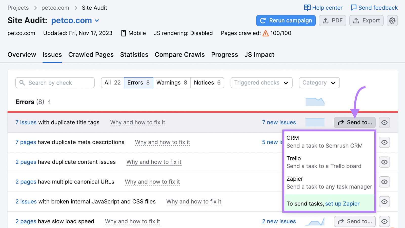 Send issues from Site Audit to Semrush CRM, Trello board or Zapier
