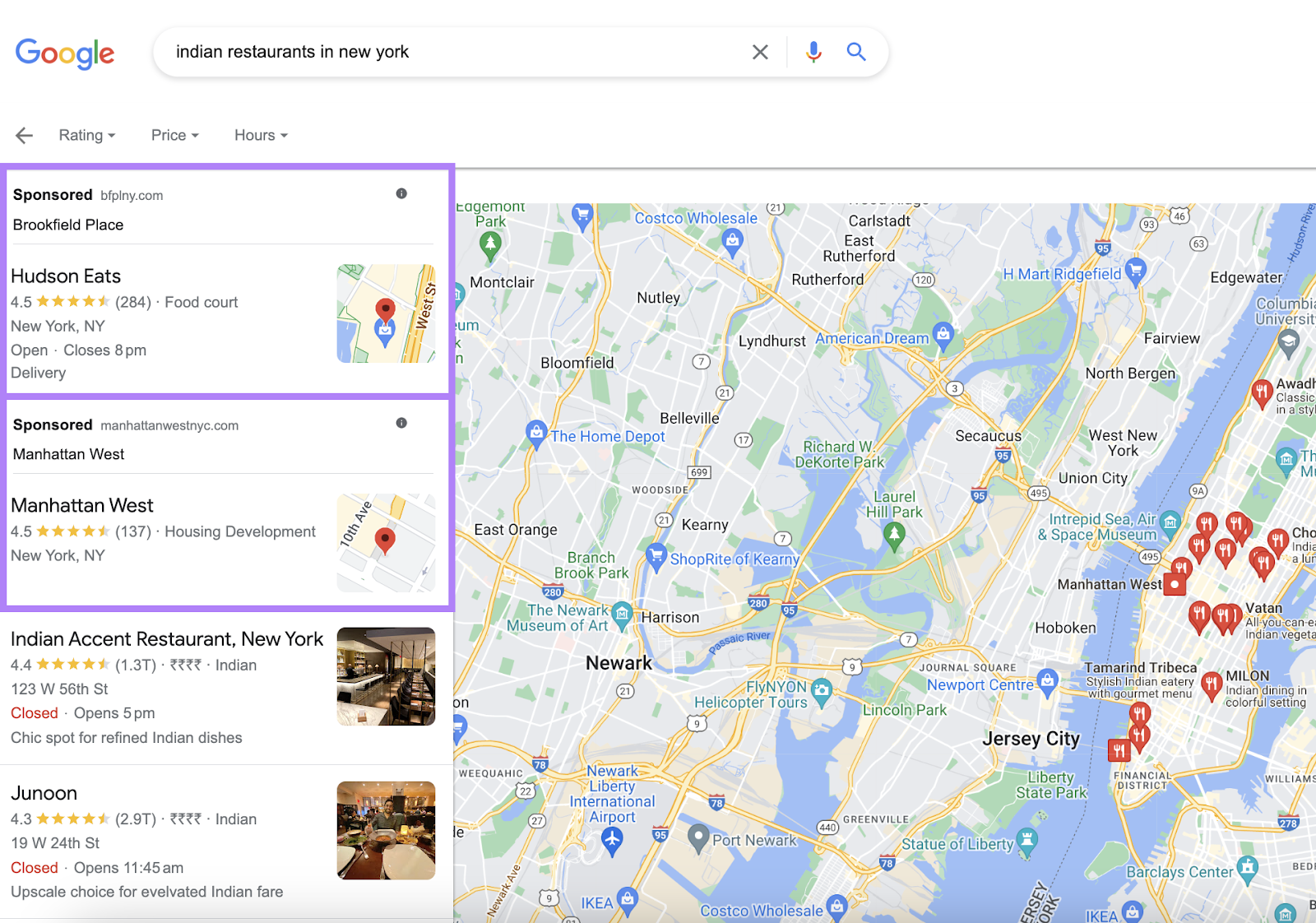 Google local pack results for “best restaurants in new york" query