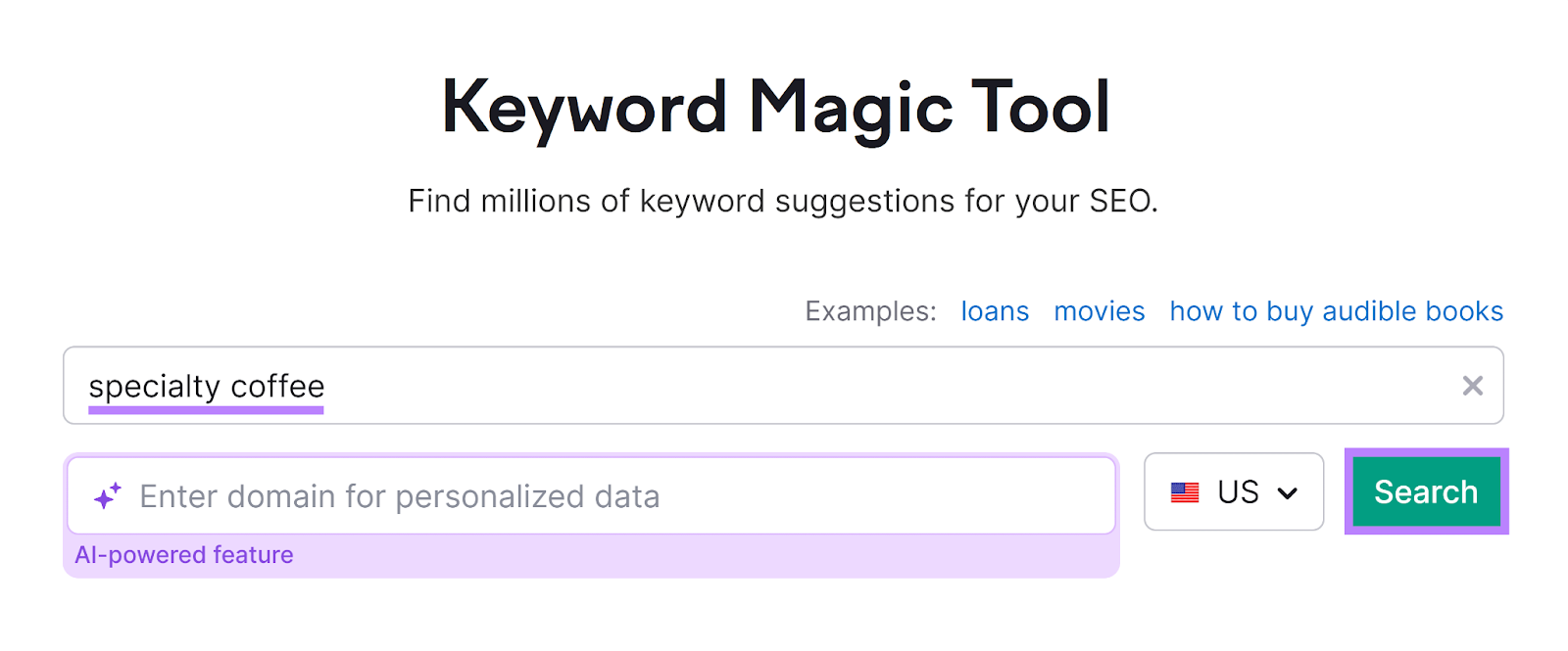 "specialty coffee" entered into the Keyword Magic Tool hunt  barroom  and Search fastener  highlighted