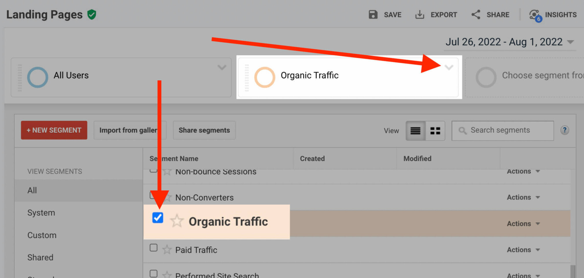 Buttons to add organic traffic segment
