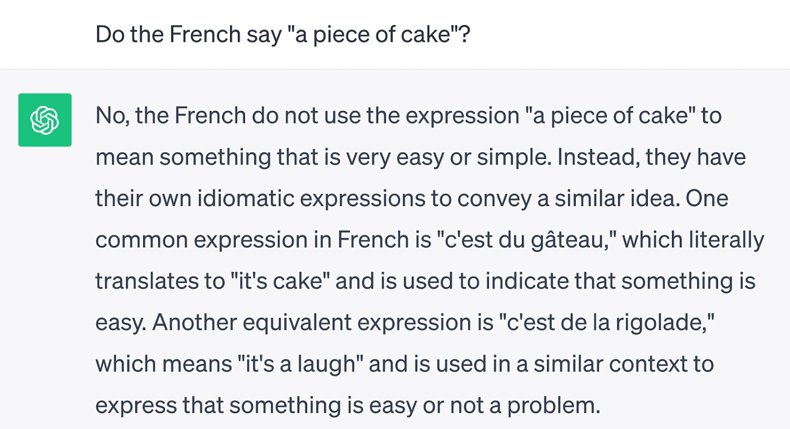 ChatGPT response to "Do the French say “a piece of cake”" prompt